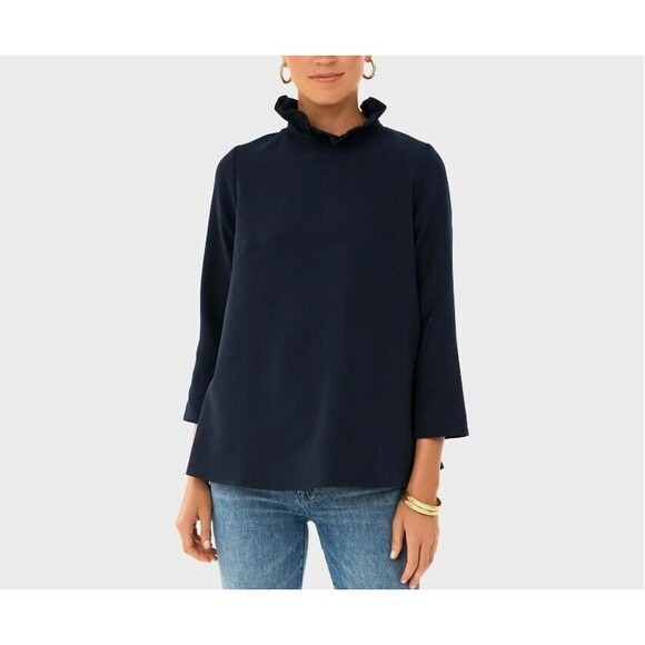 Tuckernuck Navy Blue Faye Blouse sz‎ Large Swing Top Ruffle Collar Bow Tie - Picture 1 of 8
